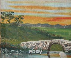 Large Antique Oil Painting Landscape Lake Swans