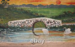 Large Antique Oil Painting Landscape Lake Swans