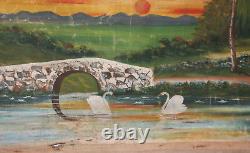 Large Antique Oil Painting Landscape Lake Swans