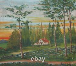 Large Antique Oil Painting Landscape Lake Swans