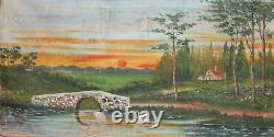 Large Antique Oil Painting Landscape Lake Swans