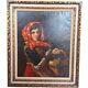 Large Antique Oil Painting Portrait Art Of Girl In Scarf & Grapes In Gold Frame