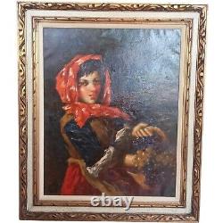 Large Antique Oil Painting Portrait Art Of Girl In Scarf & Grapes In Gold Frame