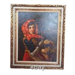 Large Antique Oil Painting Portrait Art Of Girl In Scarf & Grapes In Gold Frame