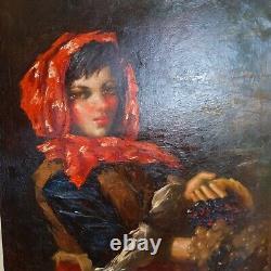 Large Antique Oil Painting Portrait Art Of Girl In Scarf & Grapes In Gold Frame