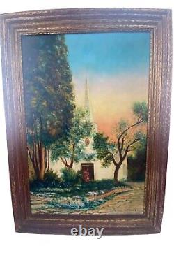 Large Antique Oil Painting Religious Church Scene Framed Signed Al Harlan 36x25