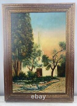 Large Antique Oil Painting Religious Church Scene Framed Signed Al Harlan 36x25