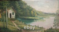 Large Antique Oil Painting River Landscape Forest House