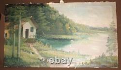 Large Antique Oil Painting River Landscape Forest House