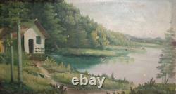 Large Antique Oil Painting River Landscape Forest House