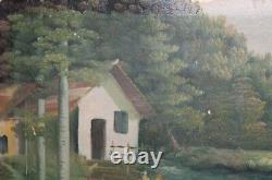 Large Antique Oil Painting River Landscape Forest House