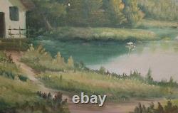 Large Antique Oil Painting River Landscape Forest House