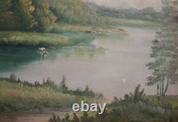 Large Antique Oil Painting River Landscape Forest House