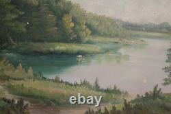 Large Antique Oil Painting River Landscape Forest House