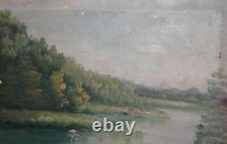 Large Antique Oil Painting River Landscape Forest House