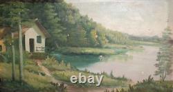 Large Antique Oil Painting River Landscape Forest House