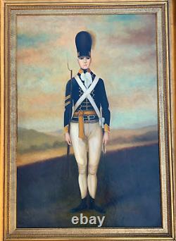 Large Antique Oil Painting Signed Harris French Soldier Sword & Musket Landscape