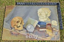 Large Antique Oil Painting Skull Vanitas MEMENTO MORI VICTORIAN realism art vtg