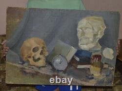 Large Antique Oil Painting Skull Vanitas MEMENTO MORI VICTORIAN realism art vtg