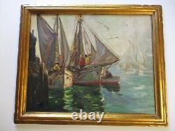 Large Antique Oil Painting William Wpa Era Coast Nautical Marina Boats Port