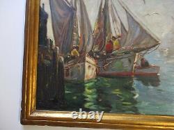 Large Antique Oil Painting William Wpa Era Coast Nautical Marina Boats Port