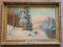 Large Antique Oil Painting Winter Landscape Signed Ornate Frame