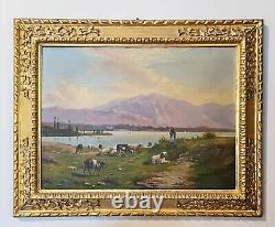 Large Antique Oil Painting by Italian Artist Alfonso Beccaluva in Great Frame