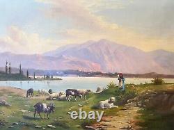 Large Antique Oil Painting by Italian Artist Alfonso Beccaluva in Great Frame