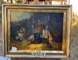 Large Antique Original Oil, Dogs After the Hunt, Signed, Dated 1813, Framed