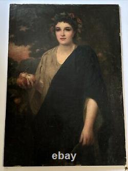 Large Antique Portrait 19th Century Master Woman Apples Glowing Landscape 46