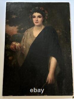 Large Antique Portrait 19th Century Master Woman Apples Glowing Landscape 46