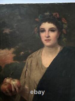 Large Antique Portrait 19th Century Master Woman Apples Glowing Landscape 46