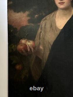 Large Antique Portrait 19th Century Master Woman Apples Glowing Landscape 46