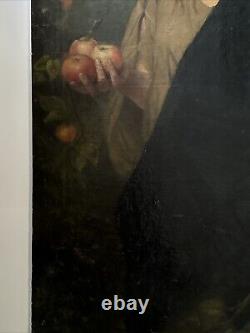 Large Antique Portrait 19th Century Master Woman Apples Glowing Landscape 46