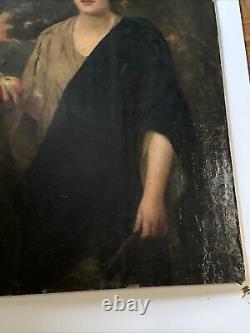 Large Antique Portrait 19th Century Master Woman Apples Glowing Landscape 46