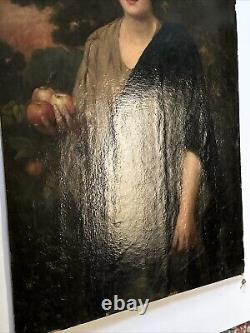 Large Antique Portrait 19th Century Master Woman Apples Glowing Landscape 46