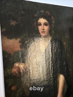 Large Antique Portrait 19th Century Master Woman Apples Glowing Landscape 46