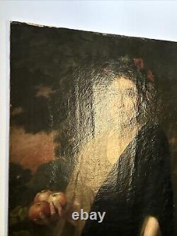 Large Antique Portrait 19th Century Master Woman Apples Glowing Landscape 46