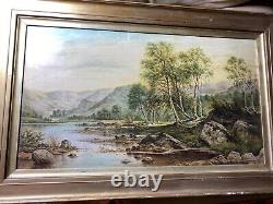 Large Antique River Landscape With Mountain Scene Oil Painting Signed/Framed