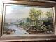 Large Antique River Landscape With Mountain Scene Oil Painting Signed/framed