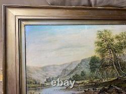 Large Antique River Landscape With Mountain Scene Oil Painting Signed/Framed