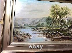 Large Antique River Landscape With Mountain Scene Oil Painting Signed/Framed