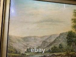 Large Antique River Landscape With Mountain Scene Oil Painting Signed/Framed