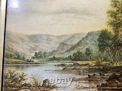 Large Antique River Landscape With Mountain Scene Oil Painting Signed/Framed