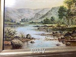 Large Antique River Landscape With Mountain Scene Oil Painting Signed/Framed