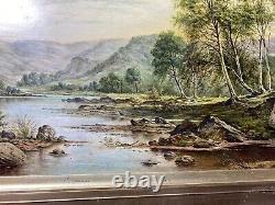 Large Antique River Landscape With Mountain Scene Oil Painting Signed/Framed