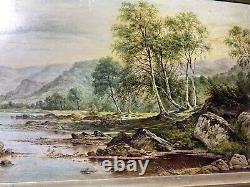 Large Antique River Landscape With Mountain Scene Oil Painting Signed/Framed