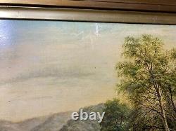 Large Antique River Landscape With Mountain Scene Oil Painting Signed/Framed