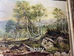 Large Antique River Landscape With Mountain Scene Oil Painting Signed/Framed