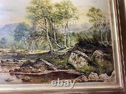 Large Antique River Landscape With Mountain Scene Oil Painting Signed/Framed